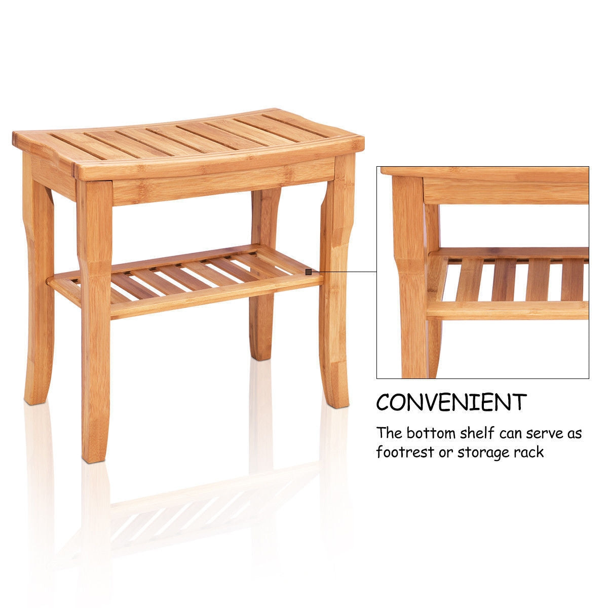 Bathroom Bamboo Shower Chair Bench with Storage ShelfÂ