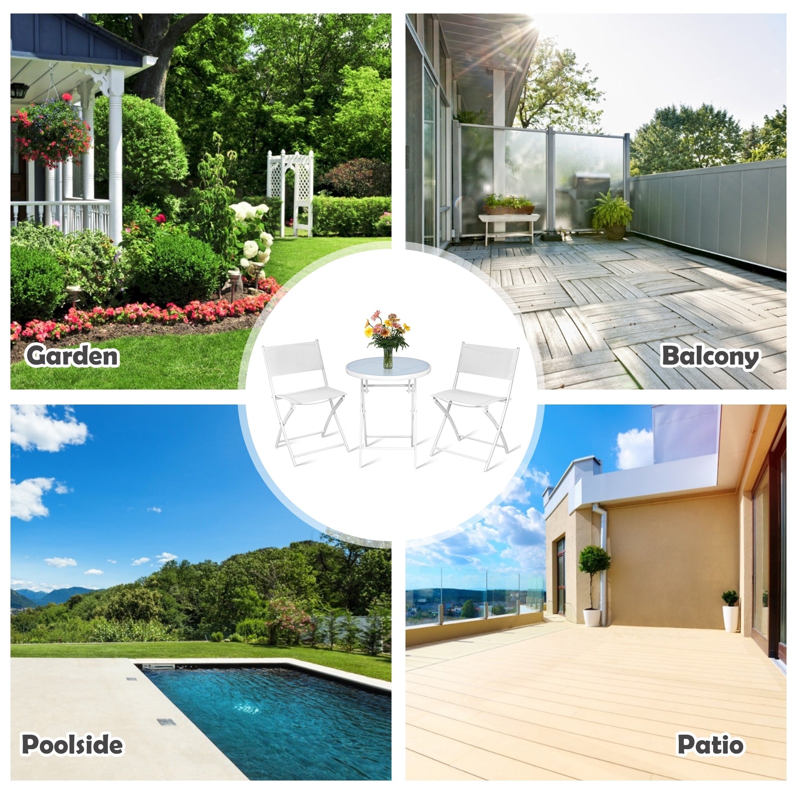 3 Pieces Patio Folding Bistro Set for Balcony or Outdoor Space-WhiteÂ