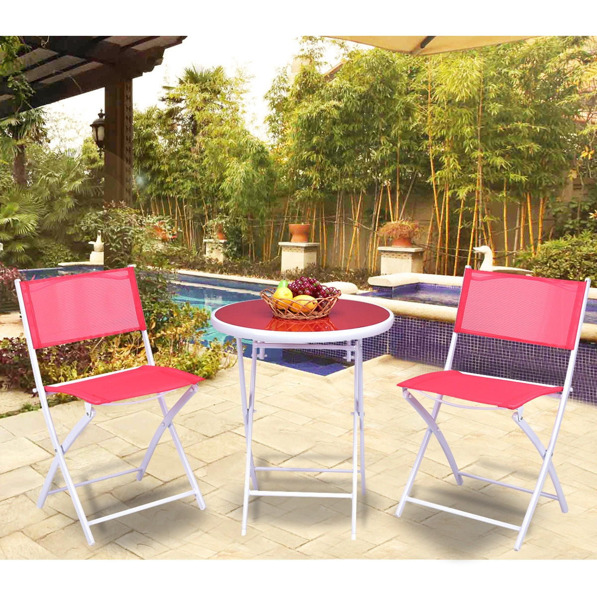 3 Pieces Patio Folding Bistro Set for Balcony or Outdoor Space-RedÂ