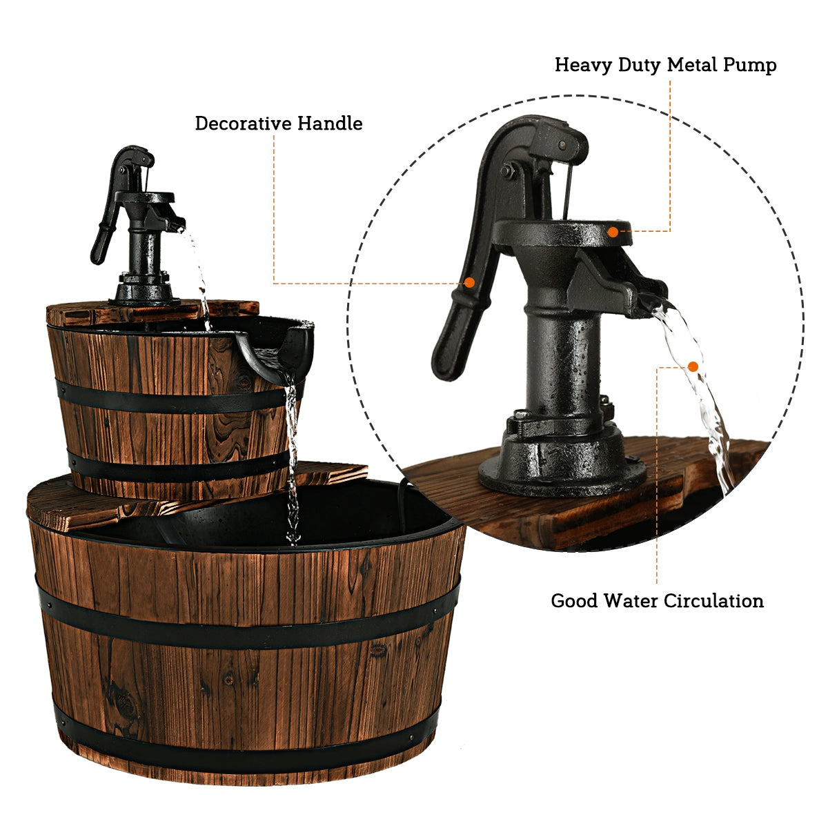 2-Tiers Outdoor Wooden Barrel Waterfall Fountain with PumpÂ