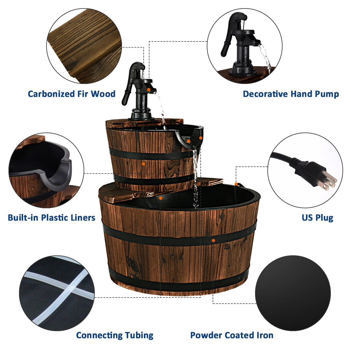 2-Tiers Outdoor Wooden Barrel Waterfall Fountain with PumpÂ