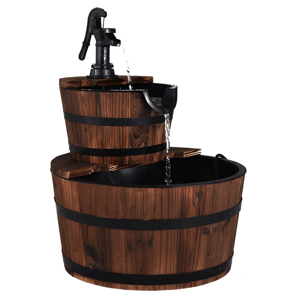 2-Tiers Outdoor Wooden Barrel Waterfall Fountain with PumpÂ