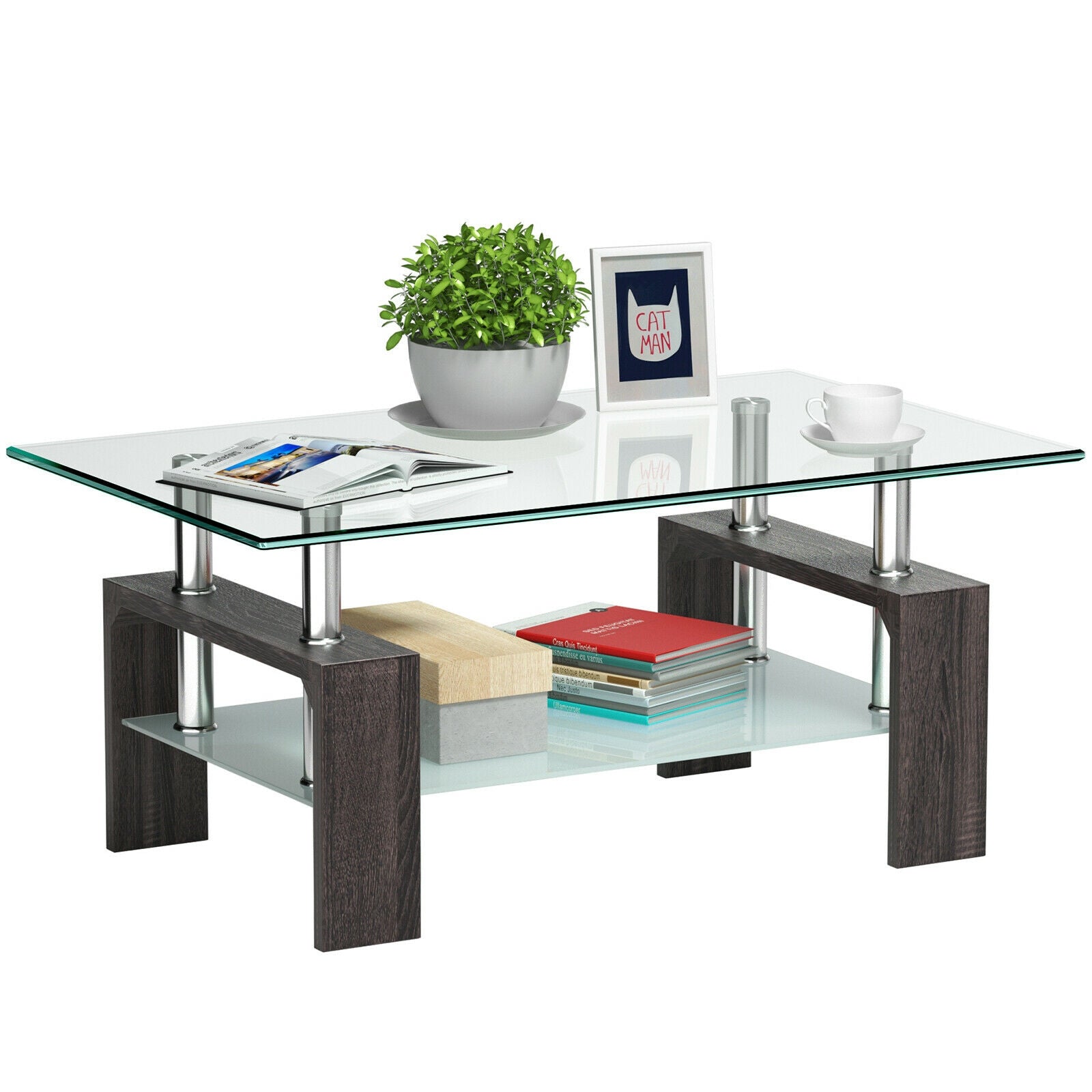 Rectangular Tempered Glass Coffee Table with Shelf-BlackÂ