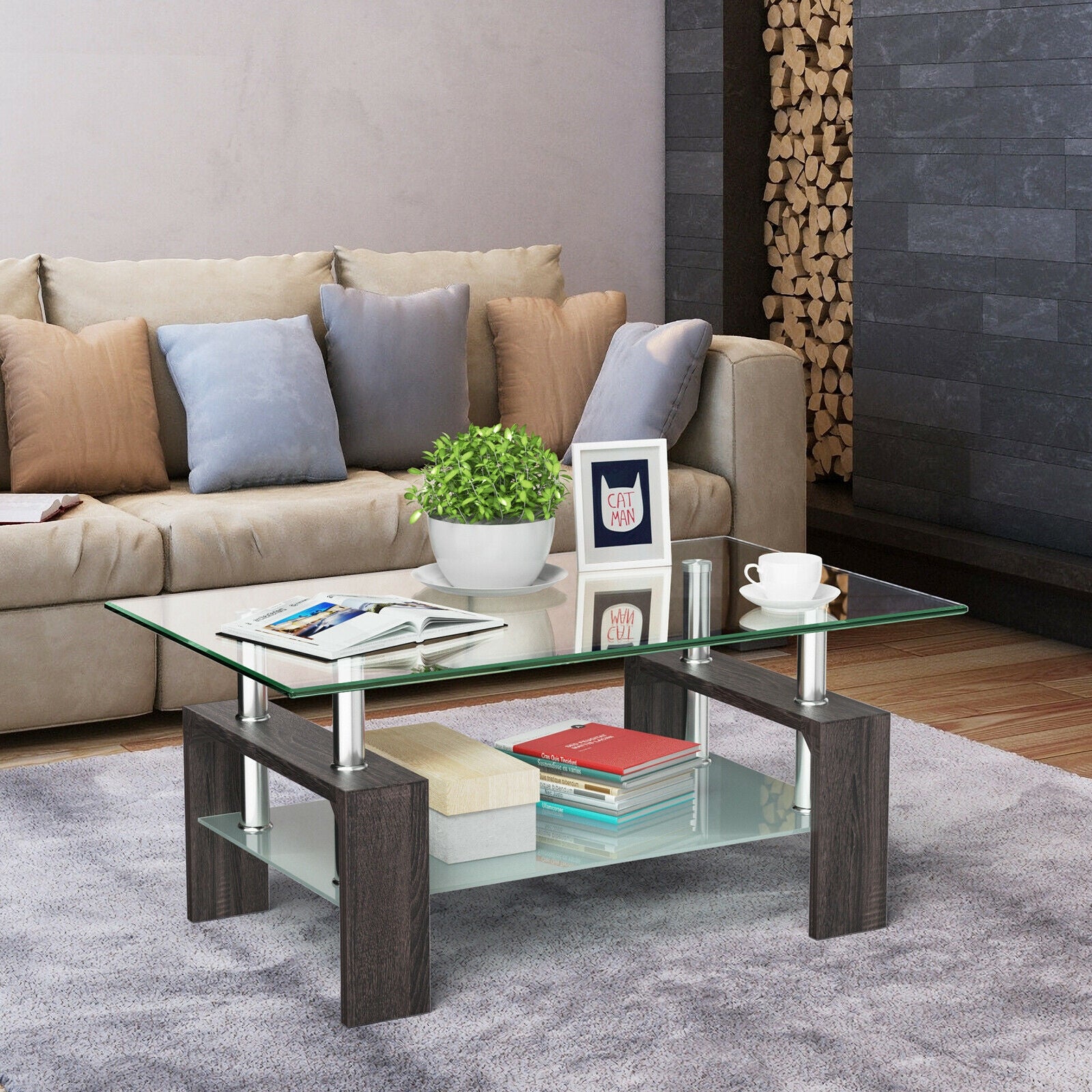 Rectangular Tempered Glass Coffee Table with Shelf-BlackÂ
