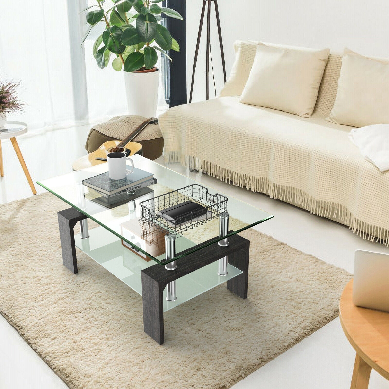 Rectangular Tempered Glass Coffee Table with Shelf-BlackÂ