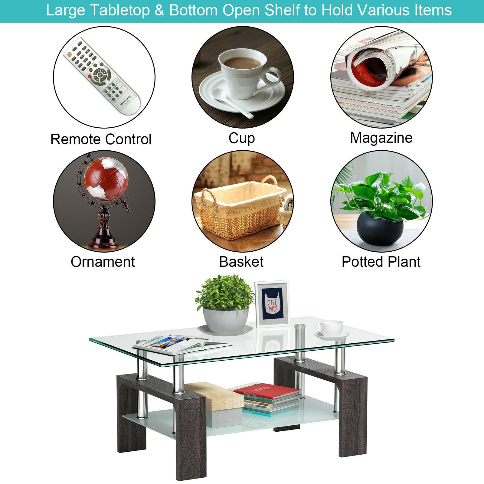 Rectangular Tempered Glass Coffee Table with Shelf-BlackÂ