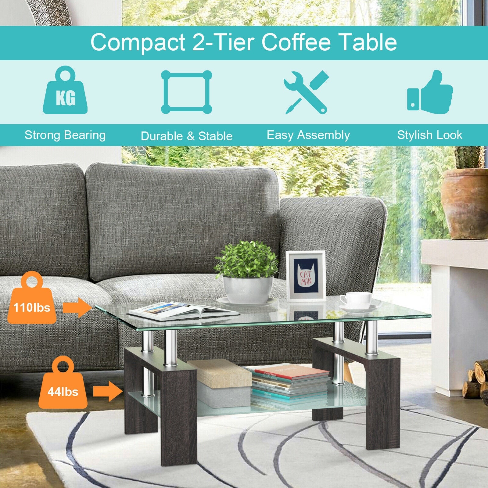 Rectangular Tempered Glass Coffee Table with Shelf-BlackÂ