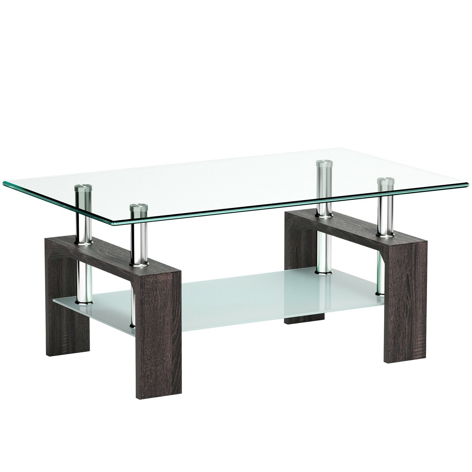 Rectangular Tempered Glass Coffee Table with Shelf-BlackÂ