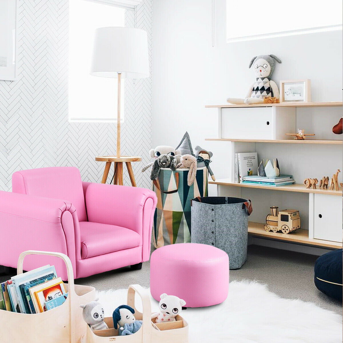 Kids Single Armrest Couch Sofa with OttomanÂ