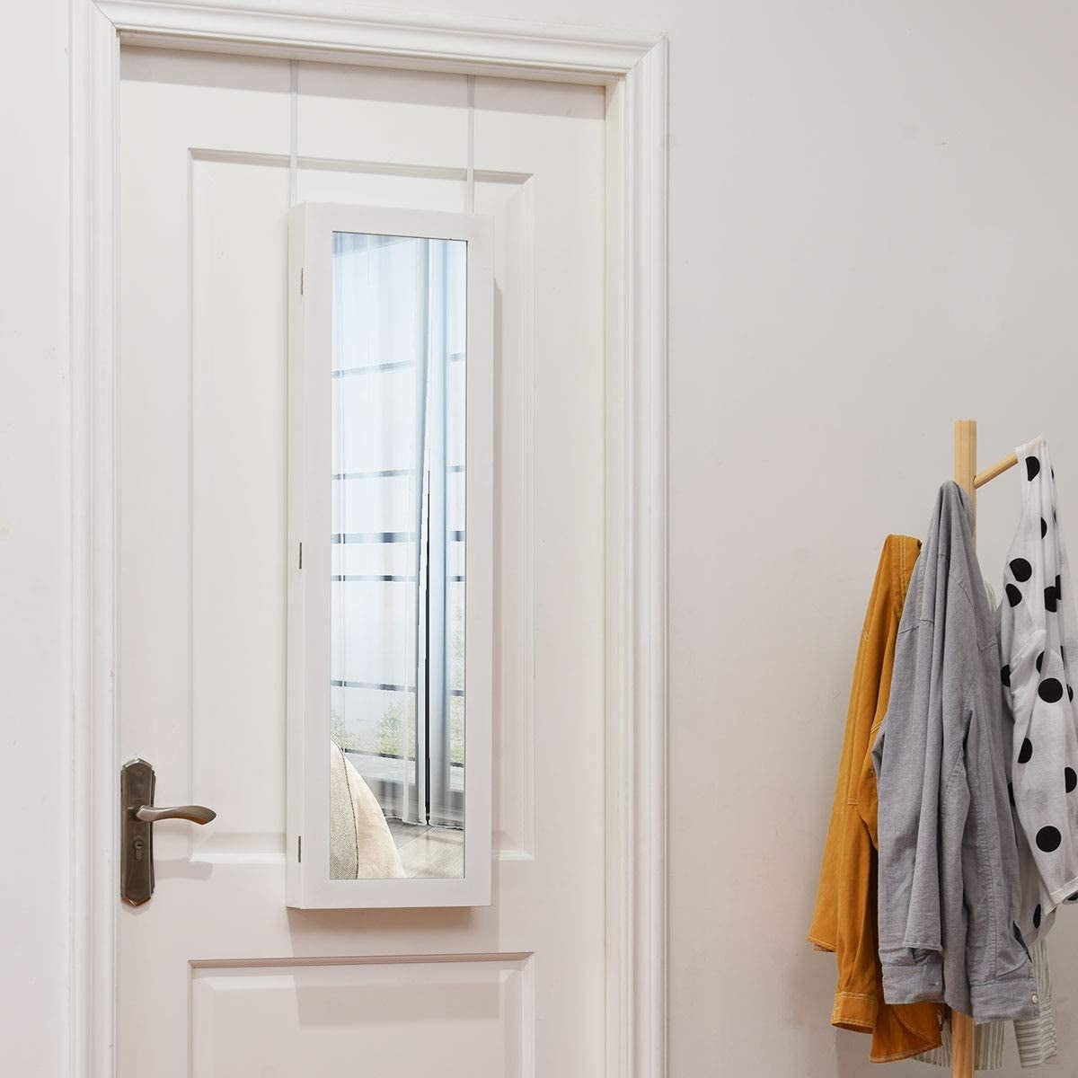 Wall Door Mounted Mirrored Jewelry Cabinet Storage Organizer-WhiteÂ