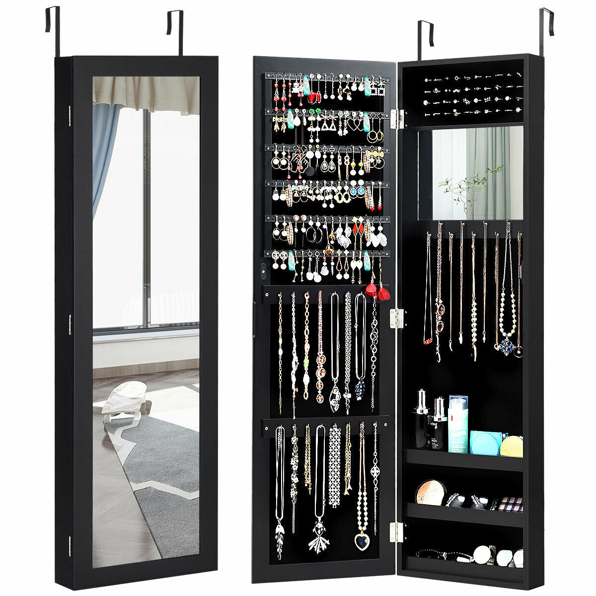 Wall Door Mounted Mirrored Jewelry Cabinet Storage Organizer-BlackÂ