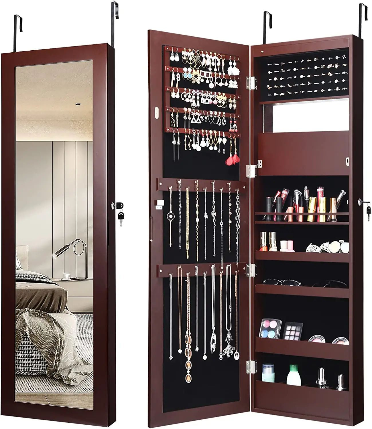 Lockable Wall Door Mounted Mirror Jewelry Cabinet with LED Lights-BrownÂ