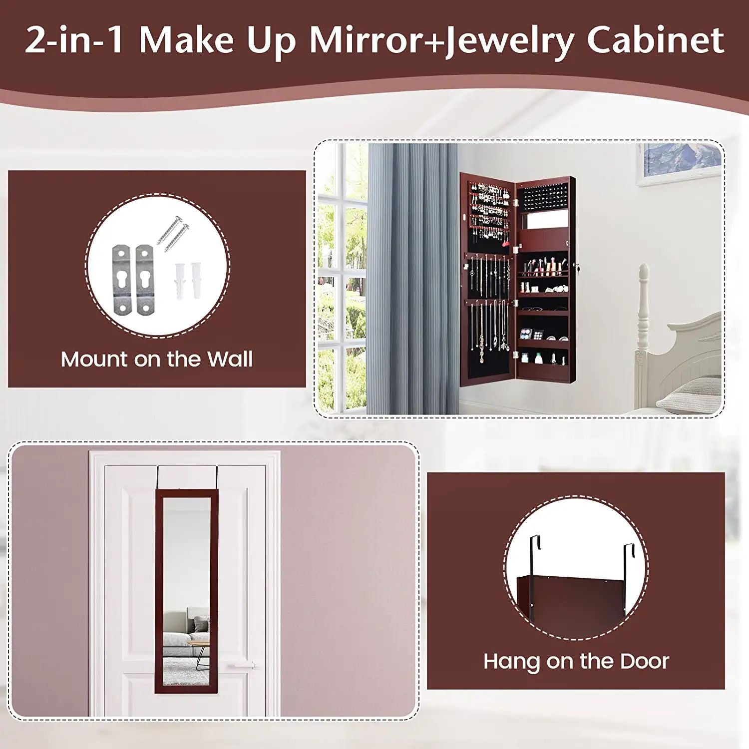 Lockable Wall Door Mounted Mirror Jewelry Cabinet with LED Lights-BrownÂ