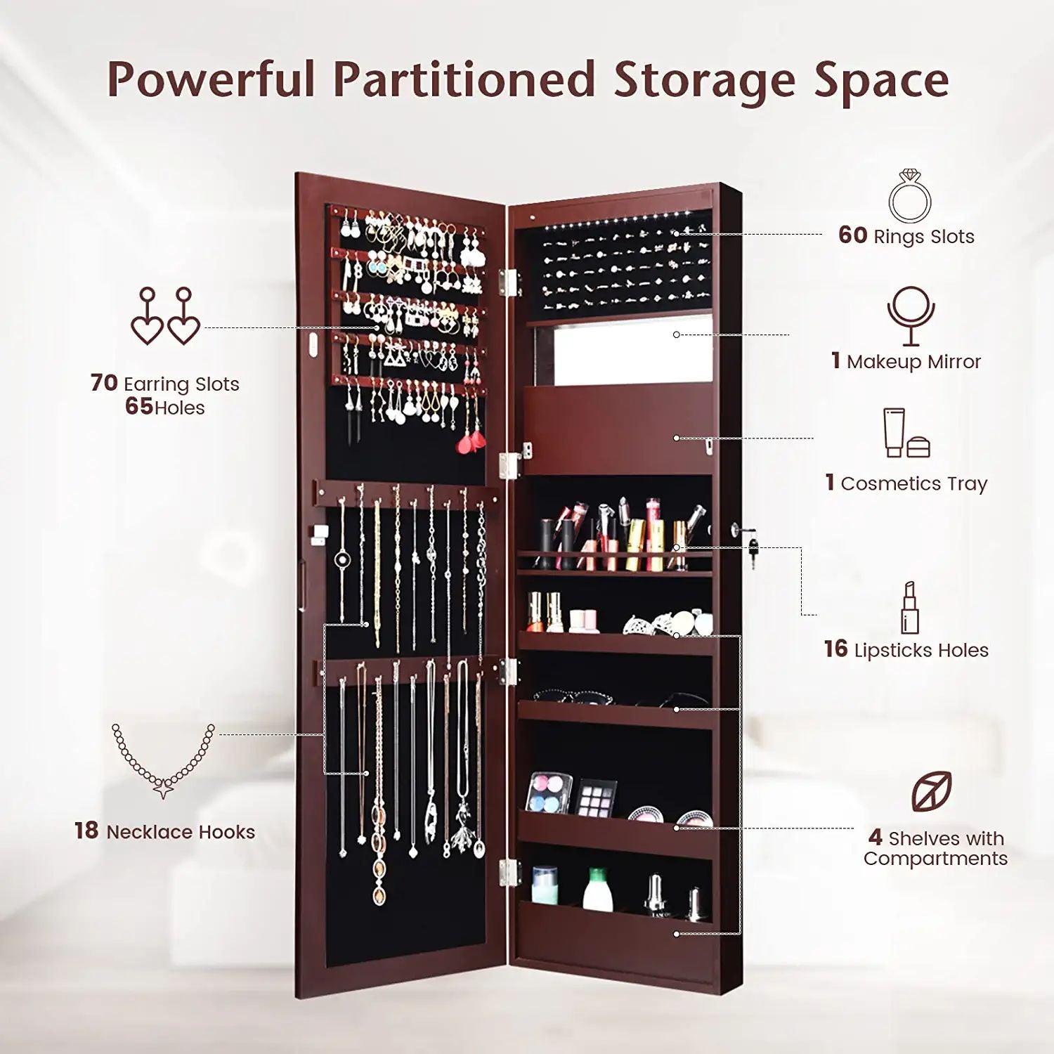 Lockable Wall Door Mounted Mirror Jewelry Cabinet with LED Lights-BrownÂ