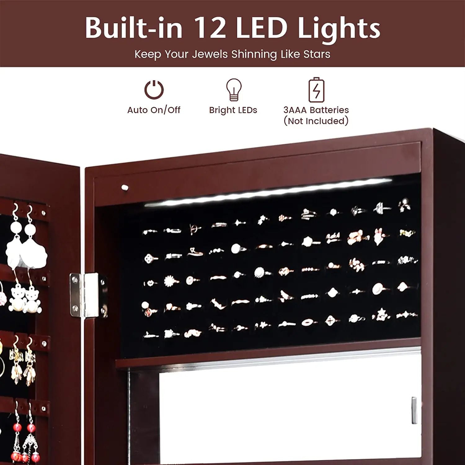 Lockable Wall Door Mounted Mirror Jewelry Cabinet with LED Lights-BrownÂ