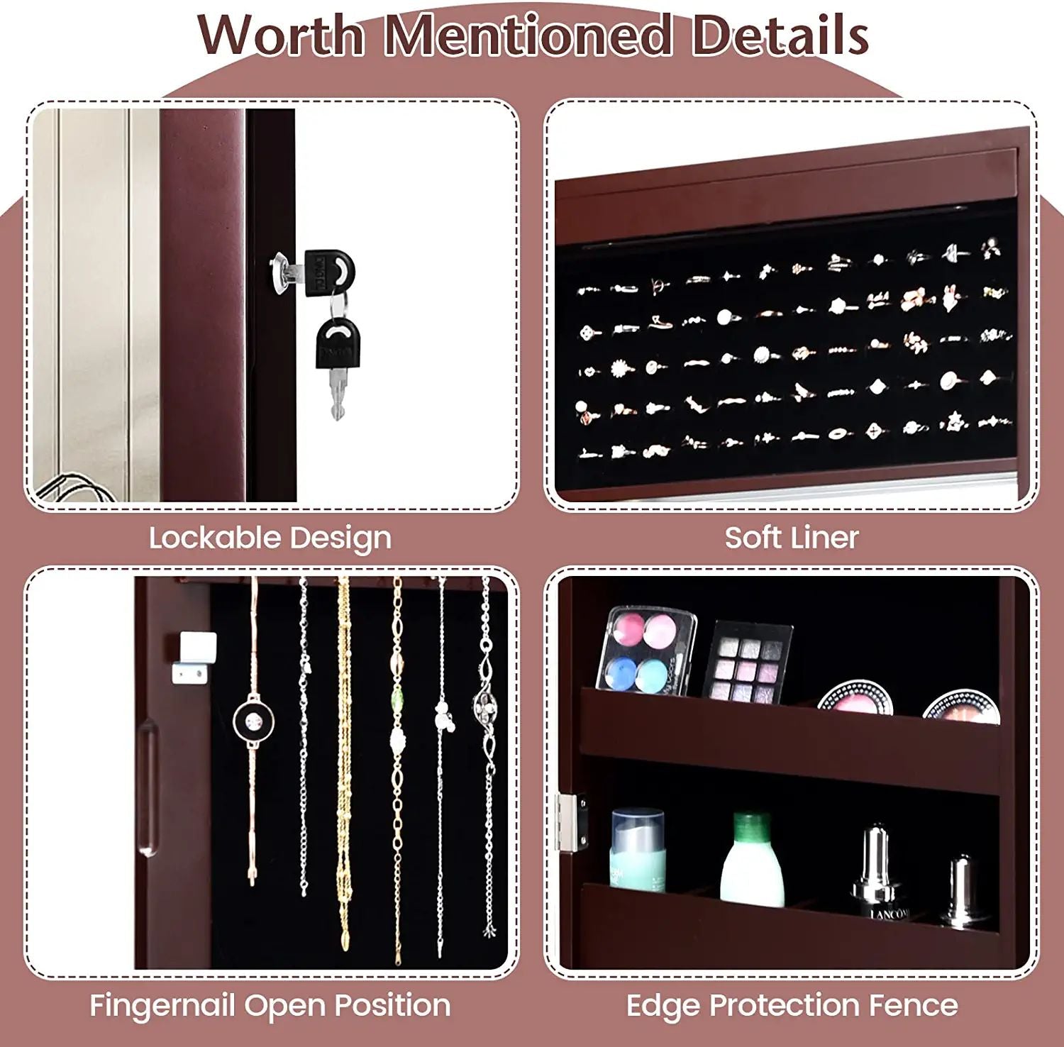 Lockable Wall Door Mounted Mirror Jewelry Cabinet with LED Lights-BrownÂ