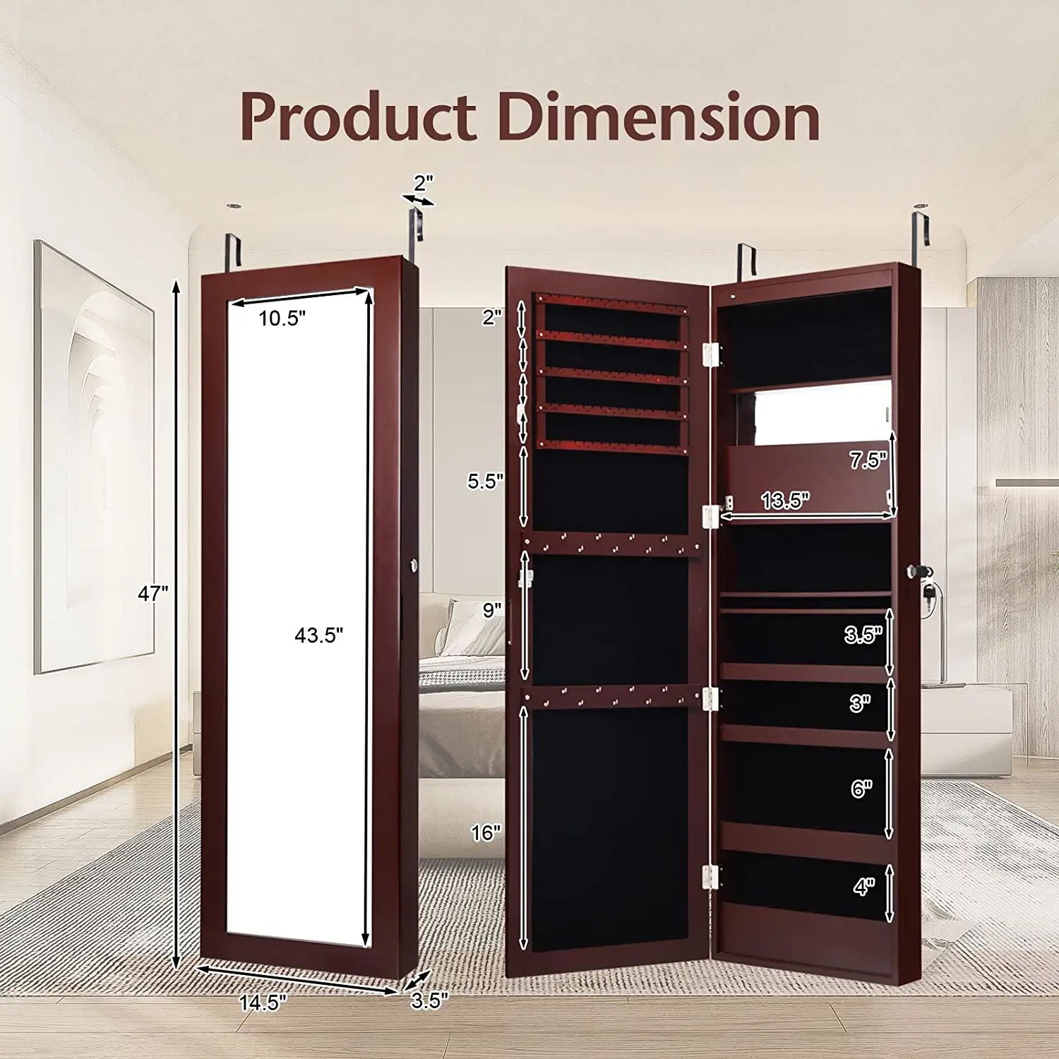 Lockable Wall Door Mounted Mirror Jewelry Cabinet with LED Lights-BrownÂ