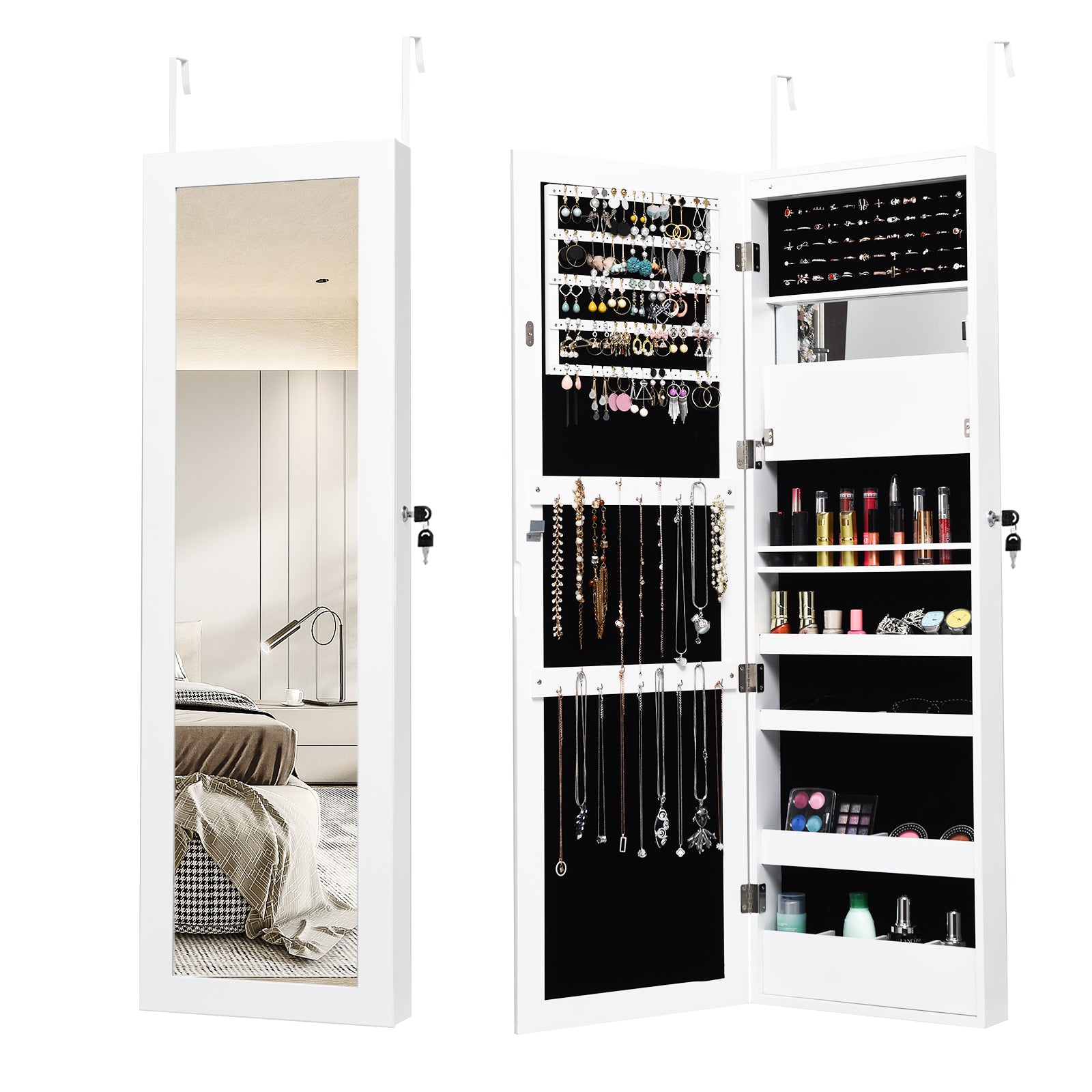 Lockable Wall Door Mounted Mirror Jewelry Cabinet with LED Lights-WhiteÂ