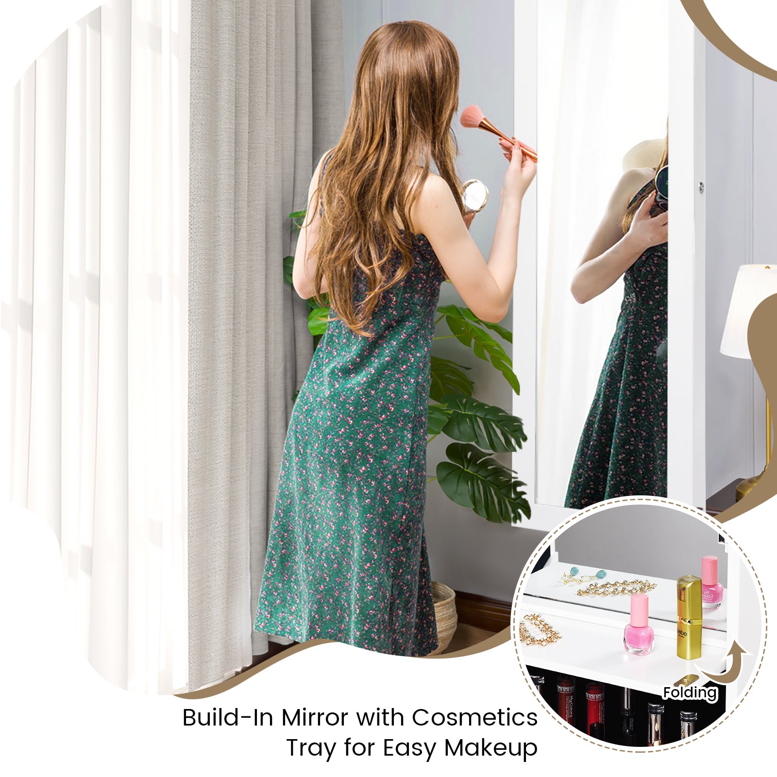 Lockable Wall Door Mounted Mirror Jewelry Cabinet with LED Lights-WhiteÂ