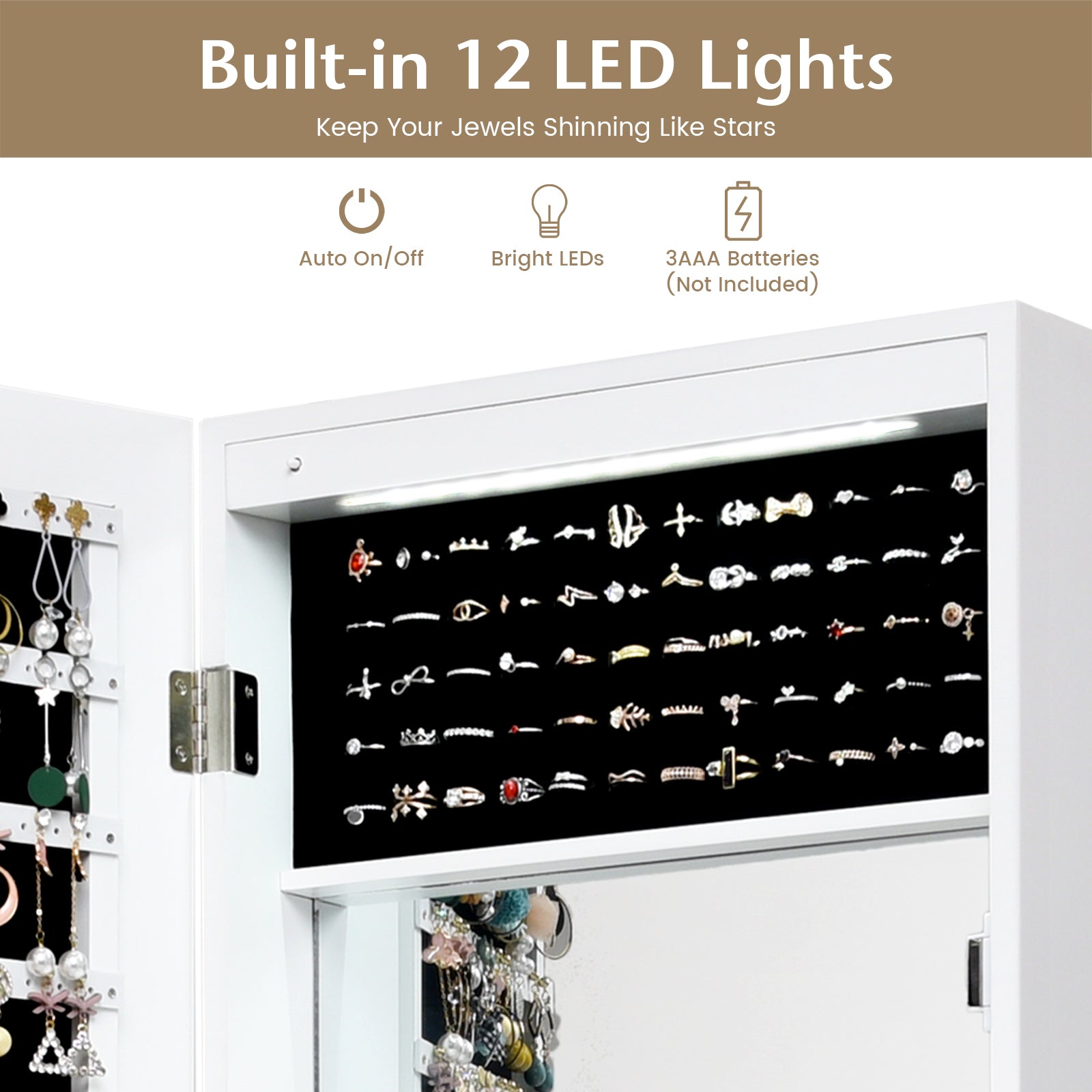 Lockable Wall Door Mounted Mirror Jewelry Cabinet with LED Lights-WhiteÂ