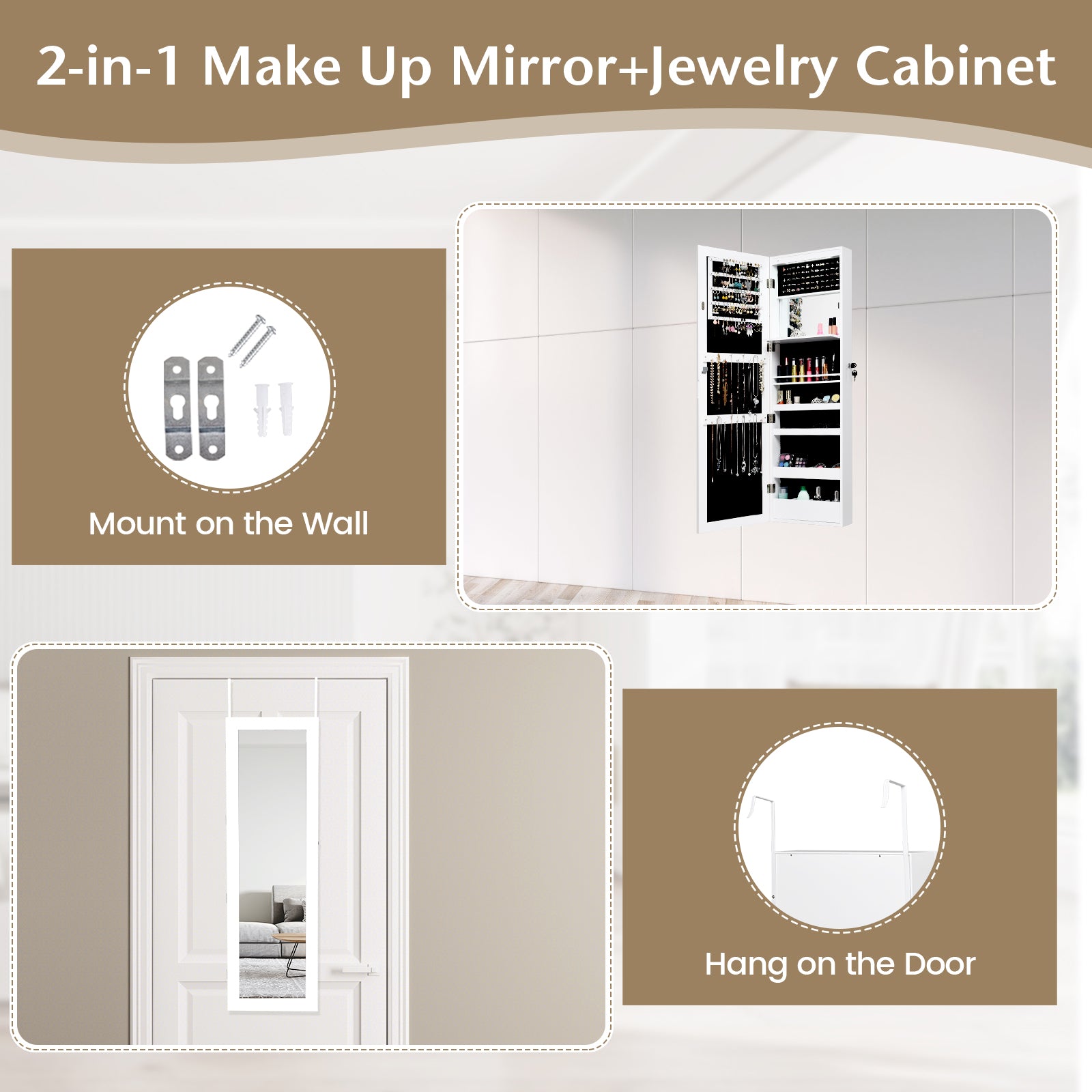 Lockable Wall Door Mounted Mirror Jewelry Cabinet with LED Lights-WhiteÂ