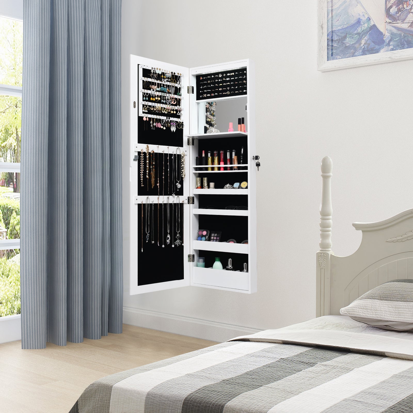 Lockable Wall Door Mounted Mirror Jewelry Cabinet with LED Lights-WhiteÂ