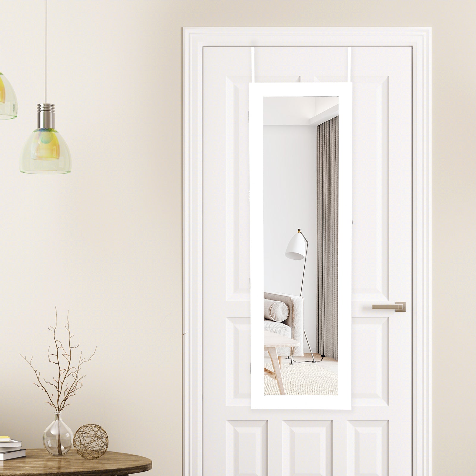 Lockable Wall Door Mounted Mirror Jewelry Cabinet with LED Lights-WhiteÂ