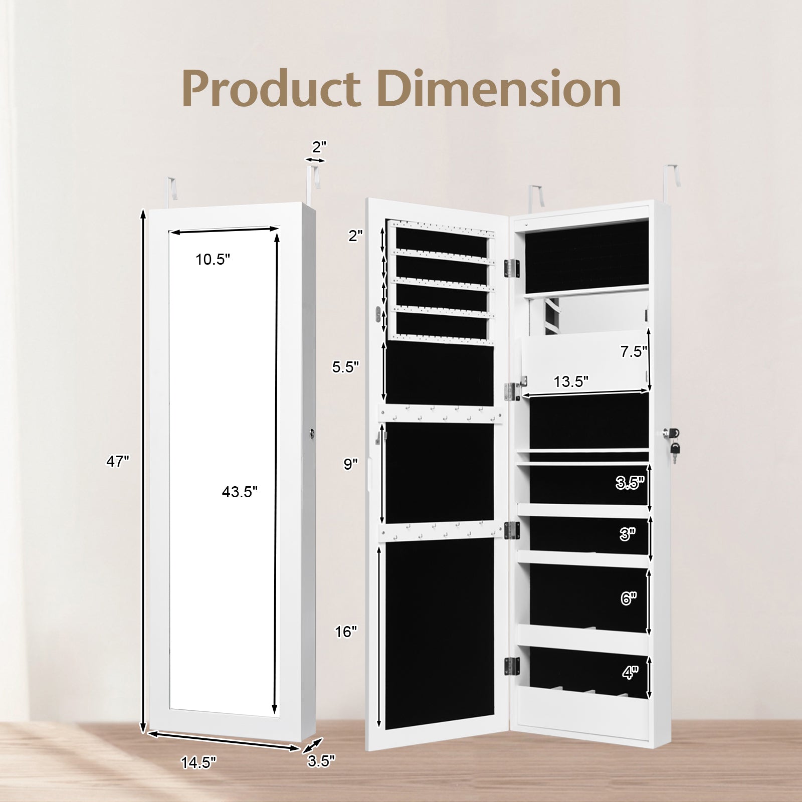 Lockable Wall Door Mounted Mirror Jewelry Cabinet with LED Lights-WhiteÂ