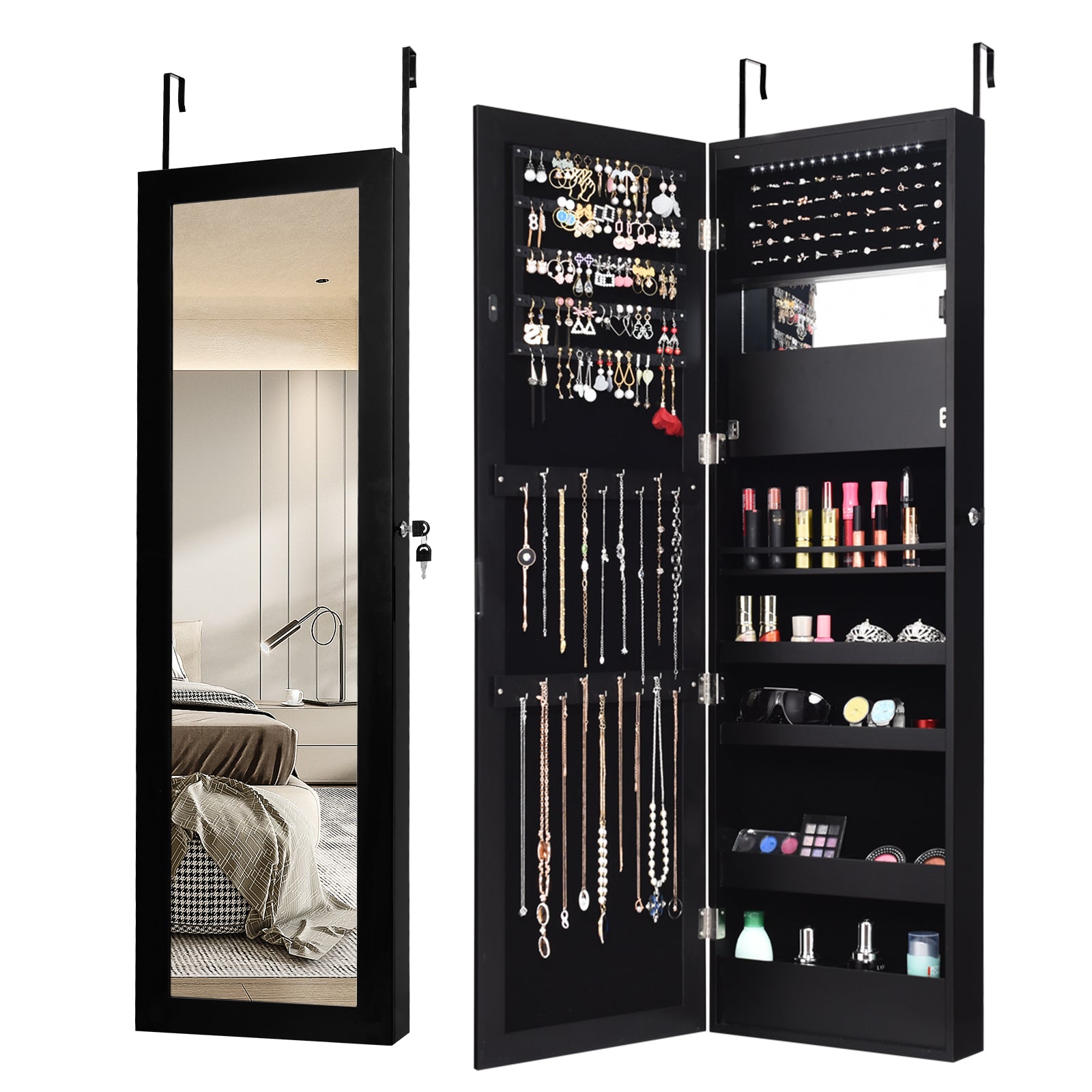 Lockable Wall Door Mounted Mirror Jewelry Cabinet with LED Lights-BlackÂ