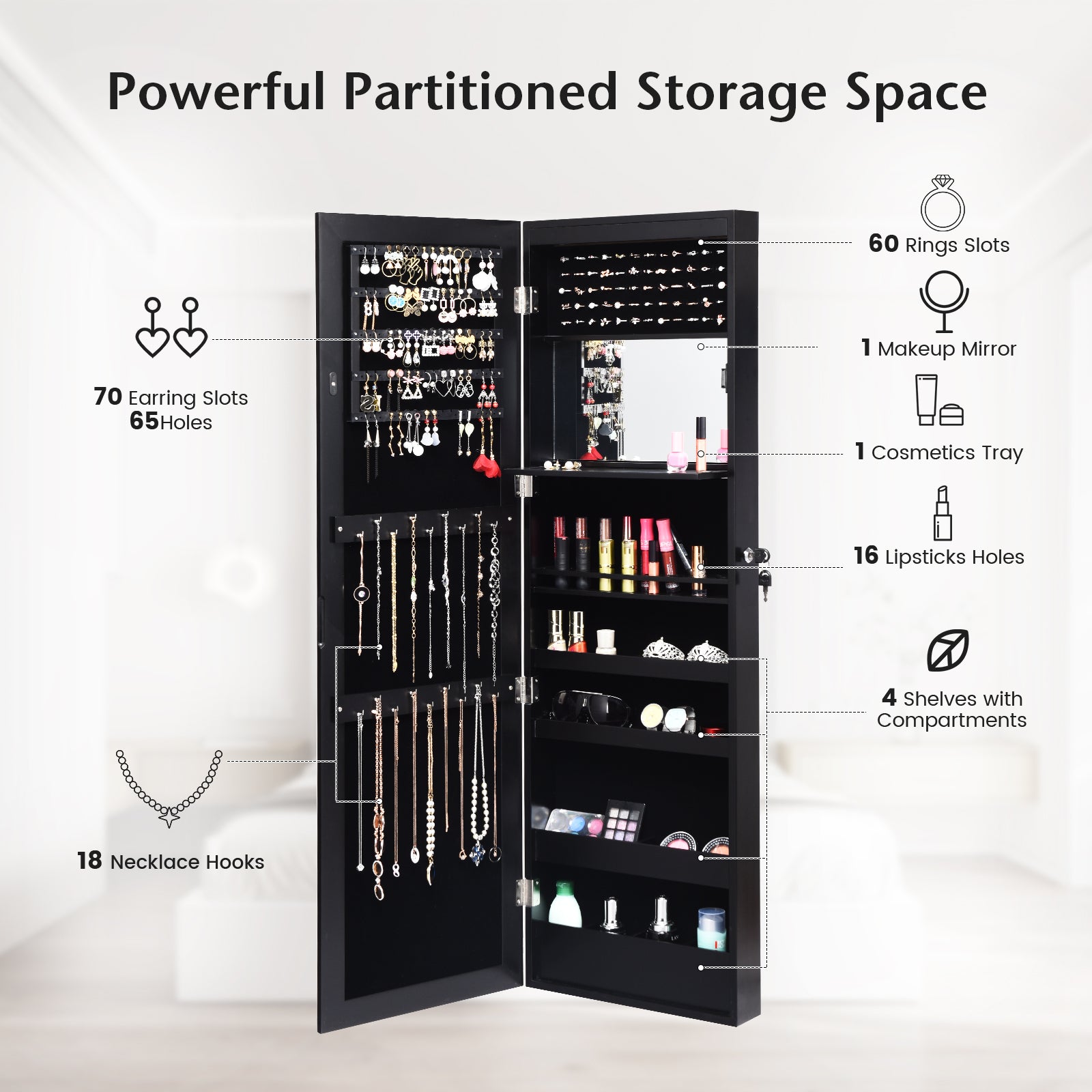 Lockable Wall Door Mounted Mirror Jewelry Cabinet with LED Lights-BlackÂ