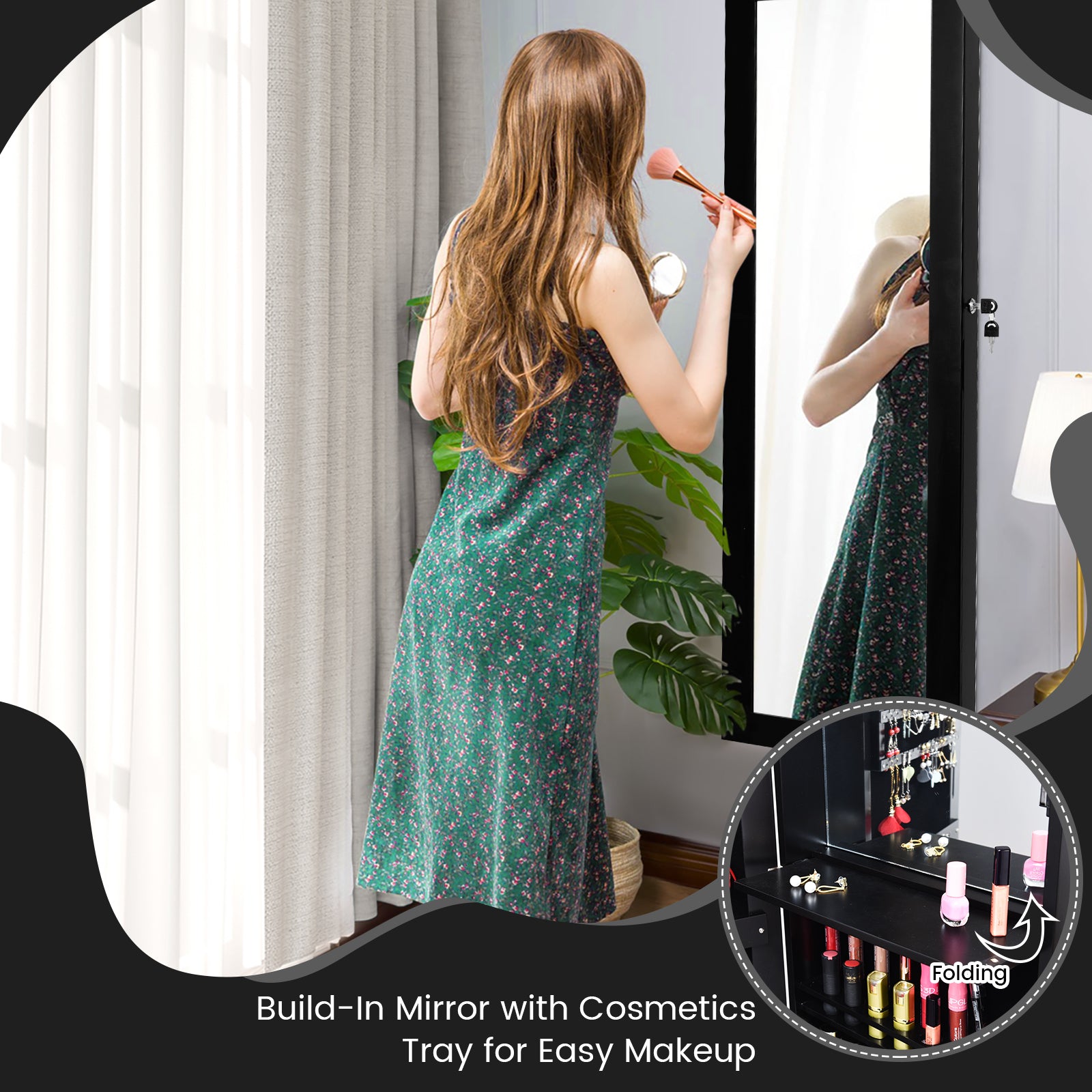 Lockable Wall Door Mounted Mirror Jewelry Cabinet with LED Lights-BlackÂ
