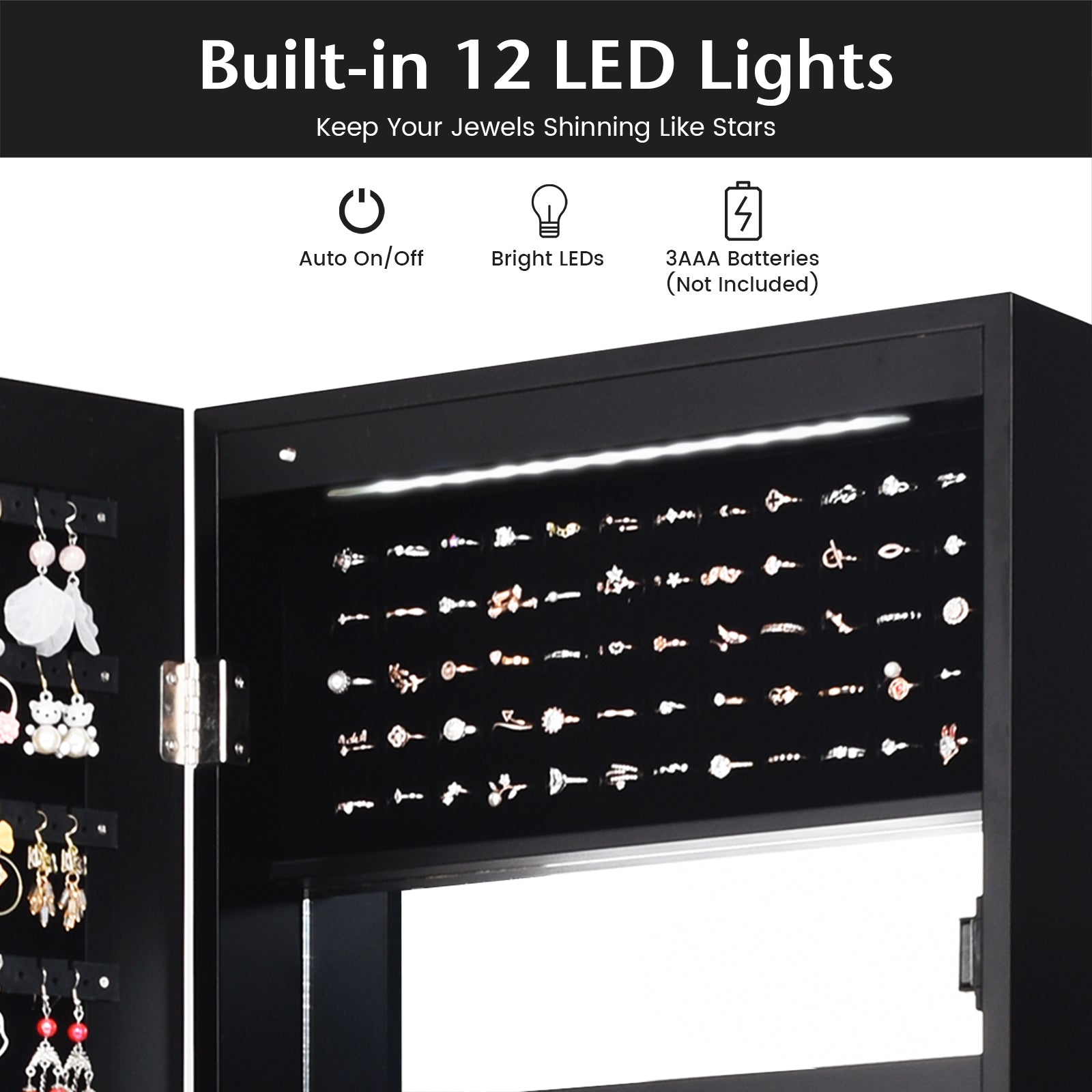 Lockable Wall Door Mounted Mirror Jewelry Cabinet with LED Lights-BlackÂ