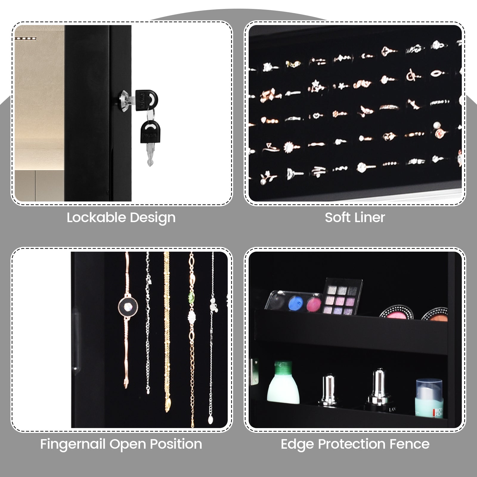 Lockable Wall Door Mounted Mirror Jewelry Cabinet with LED Lights-BlackÂ