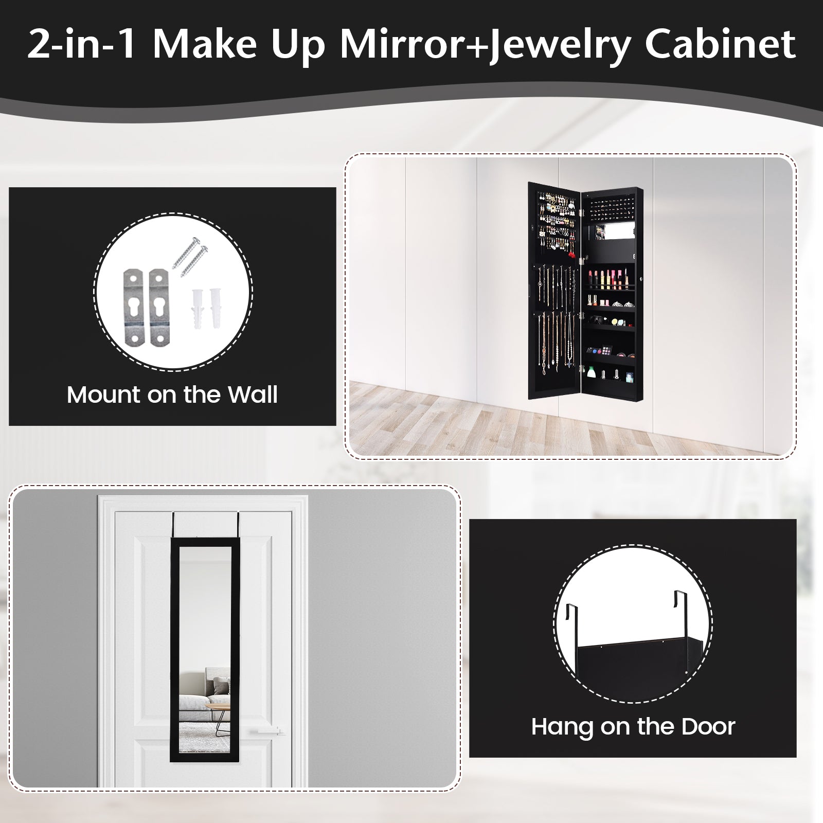 Lockable Wall Door Mounted Mirror Jewelry Cabinet with LED Lights-BlackÂ