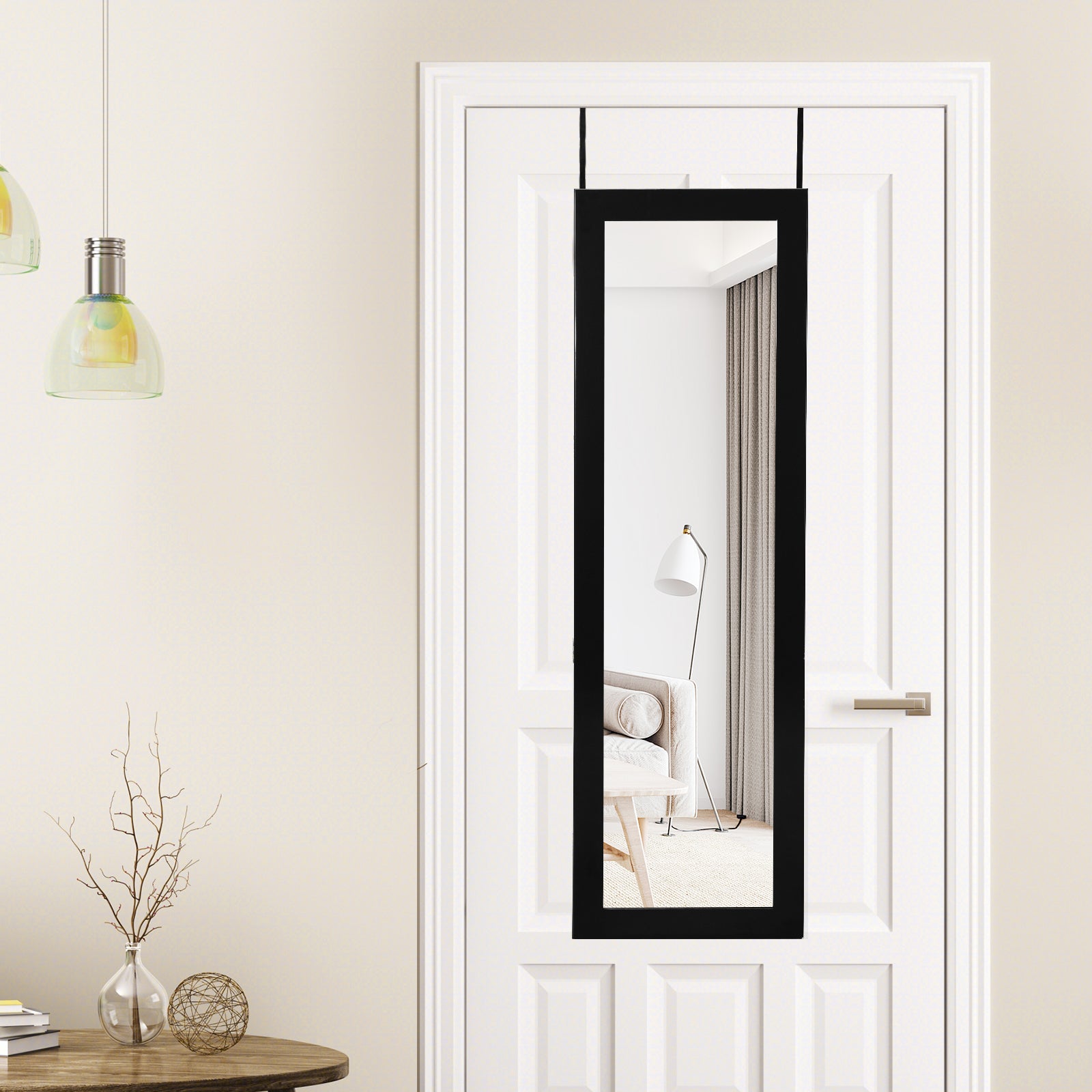 Lockable Wall Door Mounted Mirror Jewelry Cabinet with LED Lights-BlackÂ