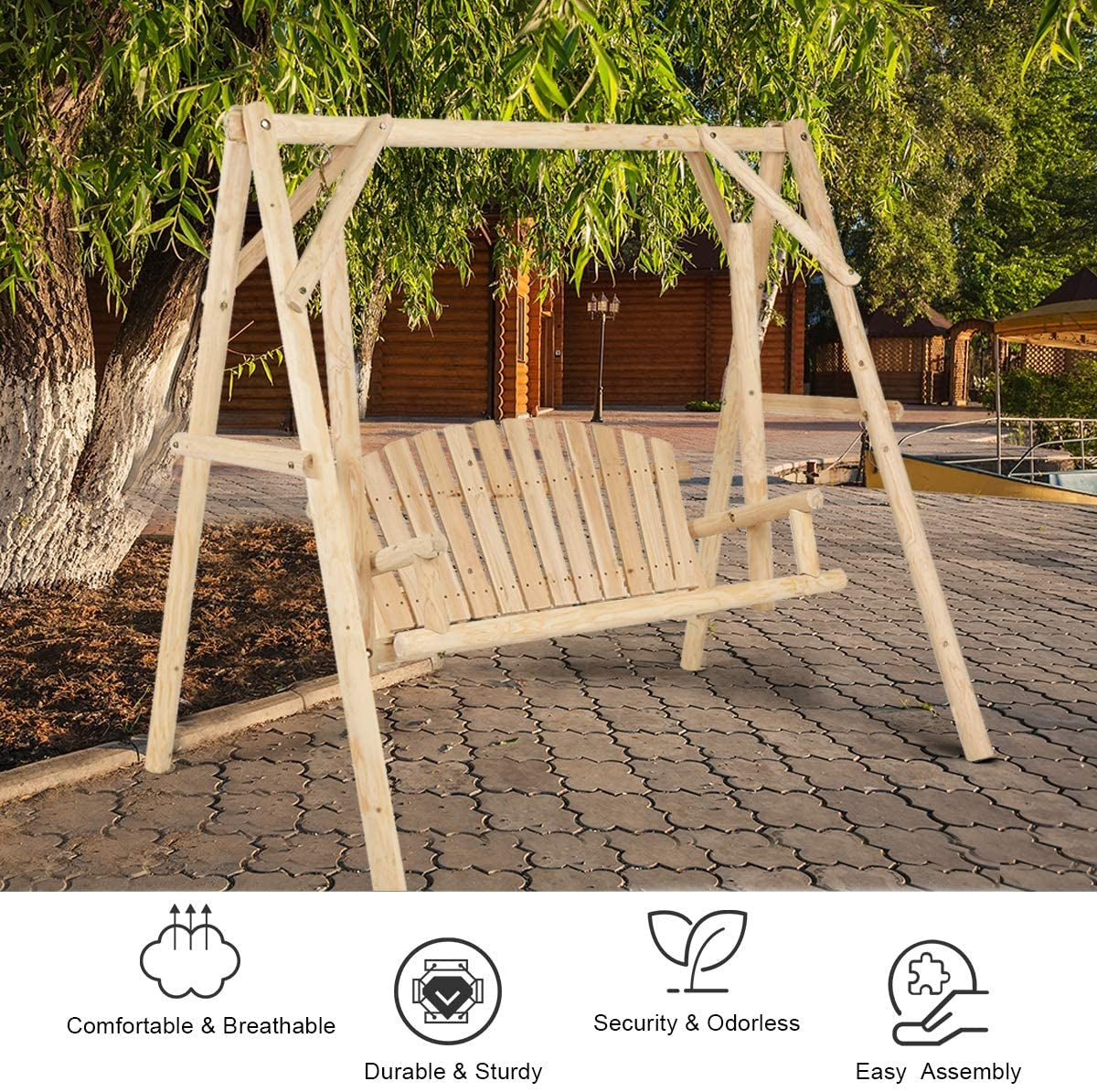 Outdoor Wooden Porch Bench Swing Chair with Rustic Curved BackÂ