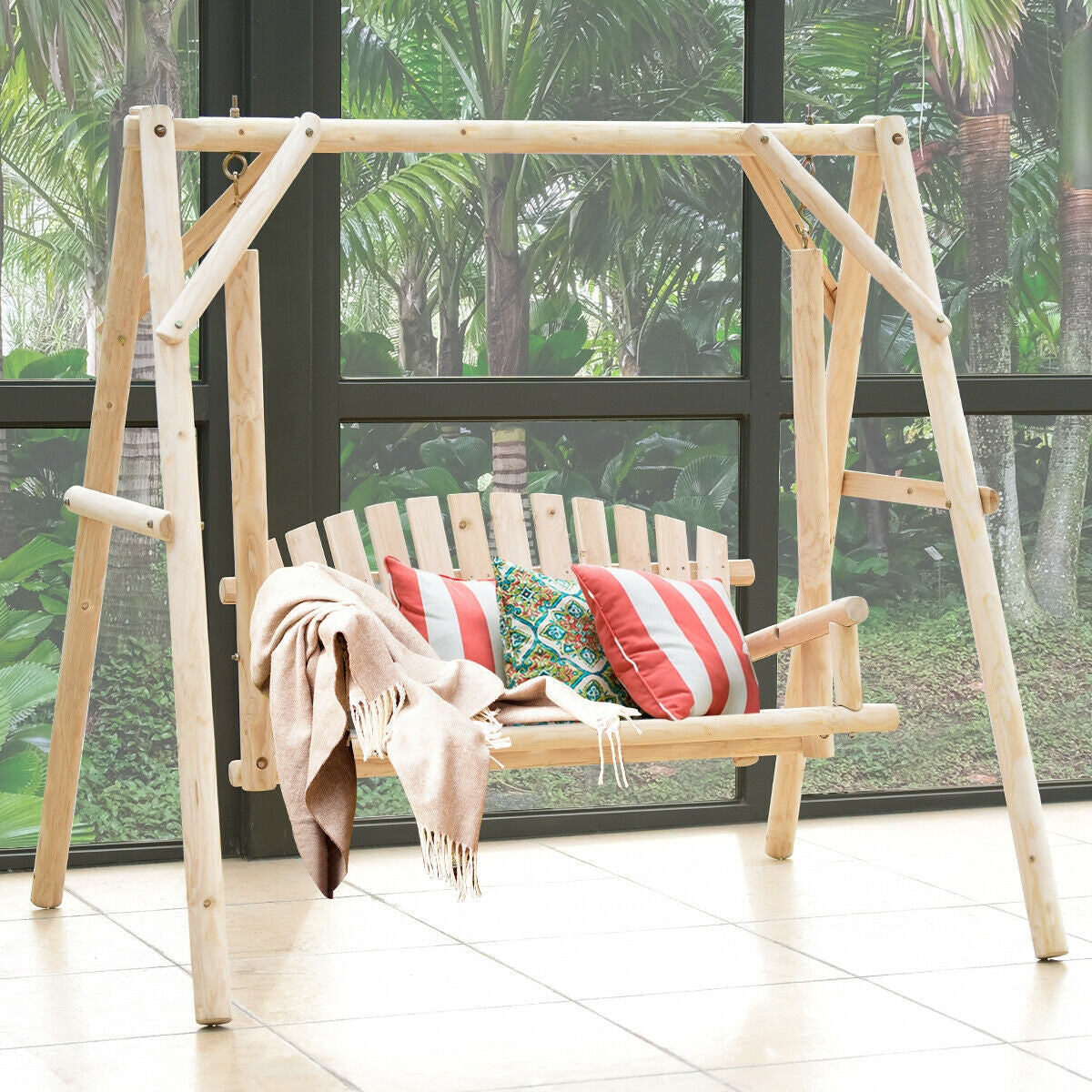Outdoor Wooden Porch Bench Swing Chair with Rustic Curved BackÂ