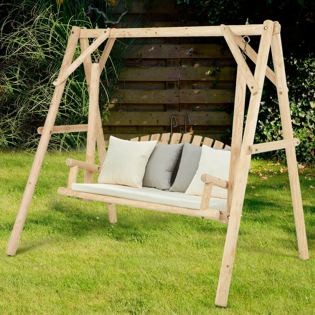 Outdoor Wooden Porch Bench Swing Chair with Rustic Curved BackÂ