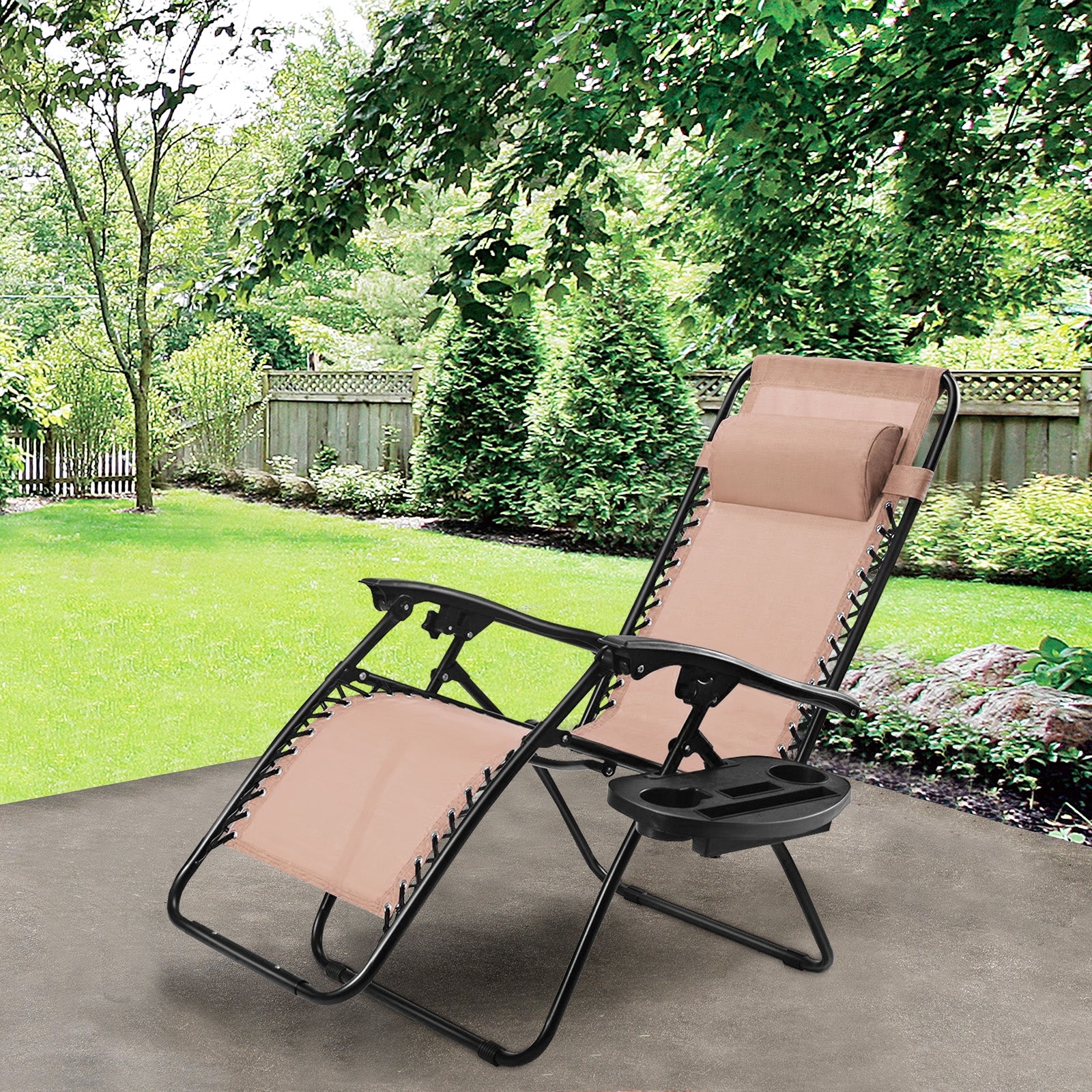 Outdoor Folding Zero Gravity Reclining Lounge Chair with Utility Tray-BeigeÂ