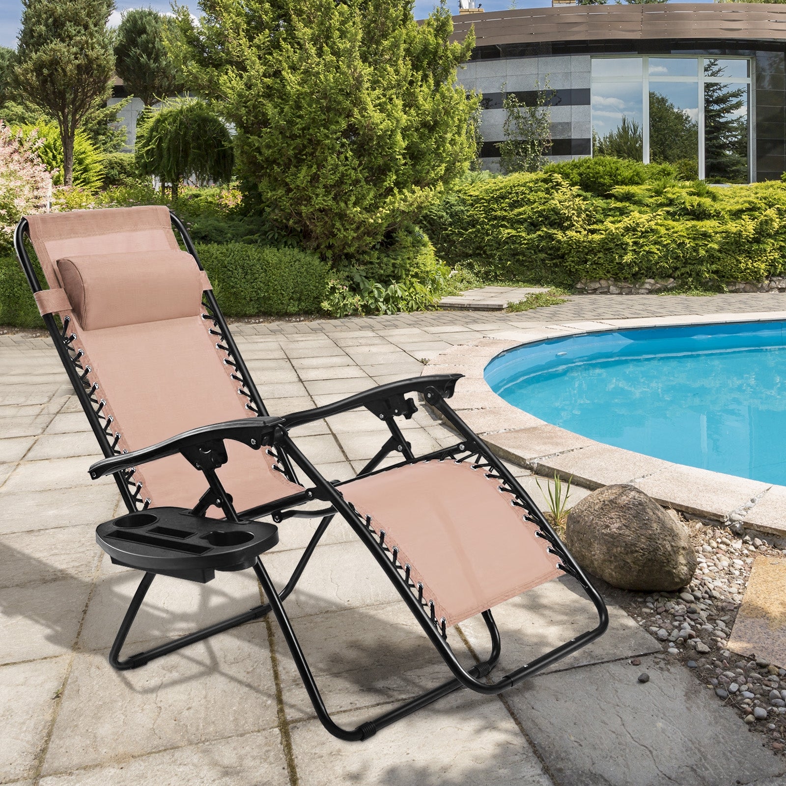 Outdoor Folding Zero Gravity Reclining Lounge Chair with Utility Tray-BeigeÂ