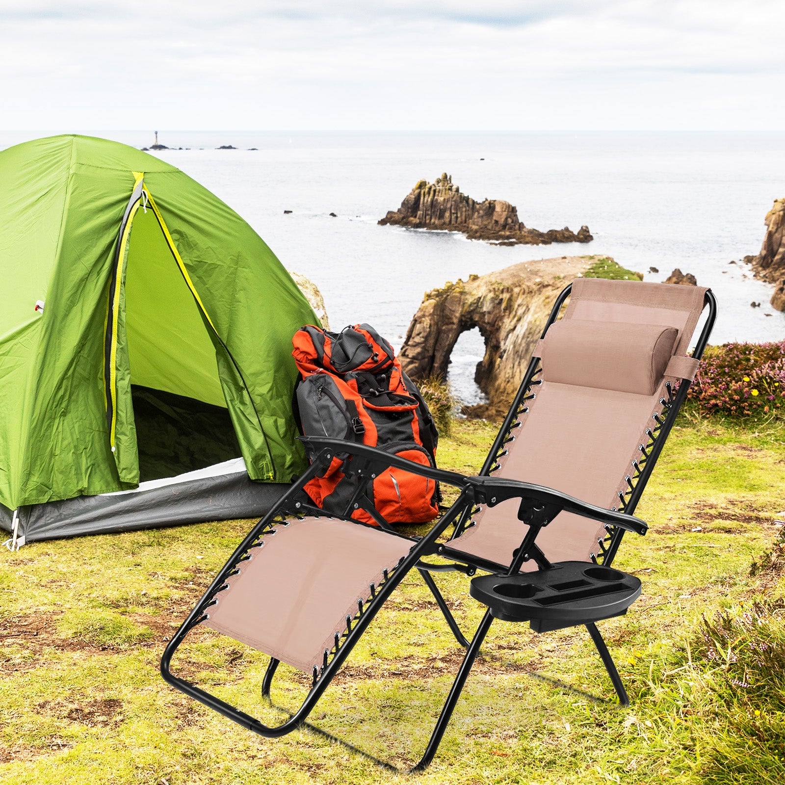 Outdoor Folding Zero Gravity Reclining Lounge Chair with Utility Tray-BeigeÂ