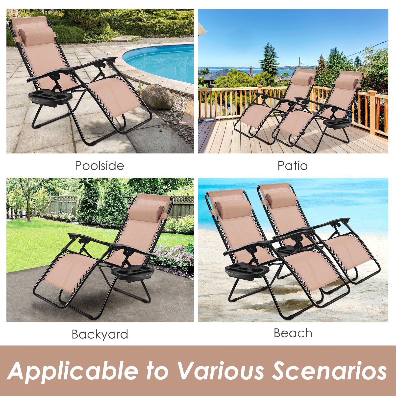 Outdoor Folding Zero Gravity Reclining Lounge Chair with Utility Tray-BeigeÂ