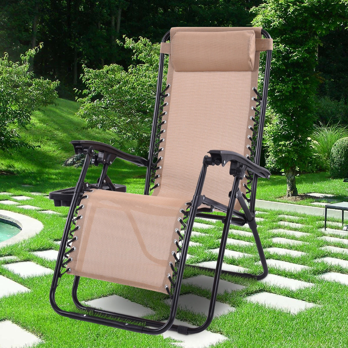 Outdoor Folding Zero Gravity Reclining Lounge Chair with Utility Tray-BeigeÂ