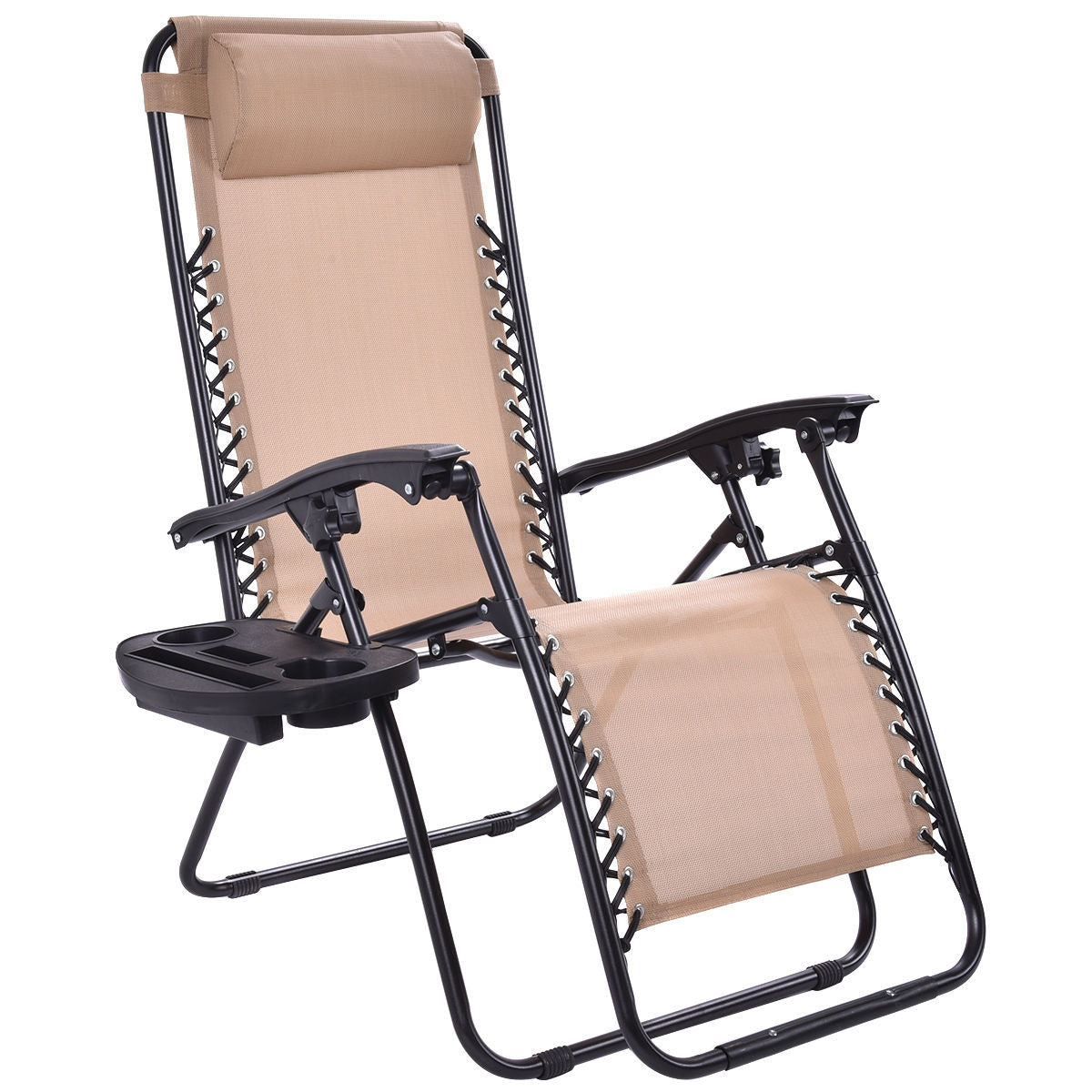 Outdoor Folding Zero Gravity Reclining Lounge Chair with Utility Tray-BeigeÂ