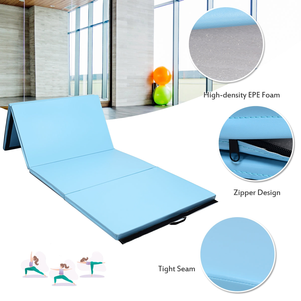 4 Feet x 10 Feet Thick Folding Panel Gymnastics Mat-Light BlueÂ
