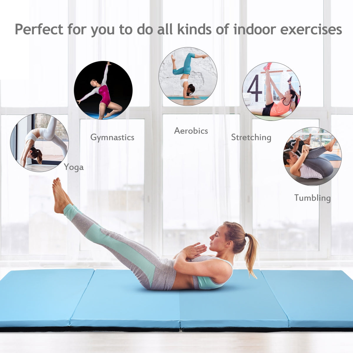 4 Feet x 10 Feet Thick Folding Panel Gymnastics Mat-Light BlueÂ