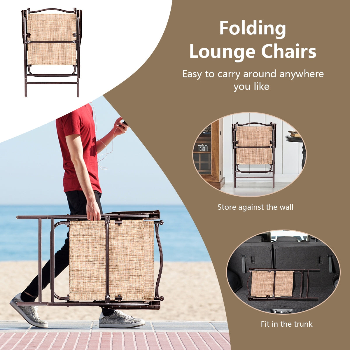 Set of 2 Patio Folding Sling Back Camping Deck Chairs-BeigeÂ