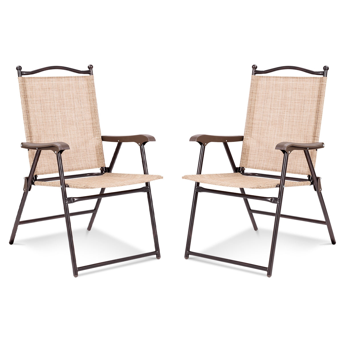 Set of 2 Patio Folding Sling Back Camping Deck Chairs-BeigeÂ