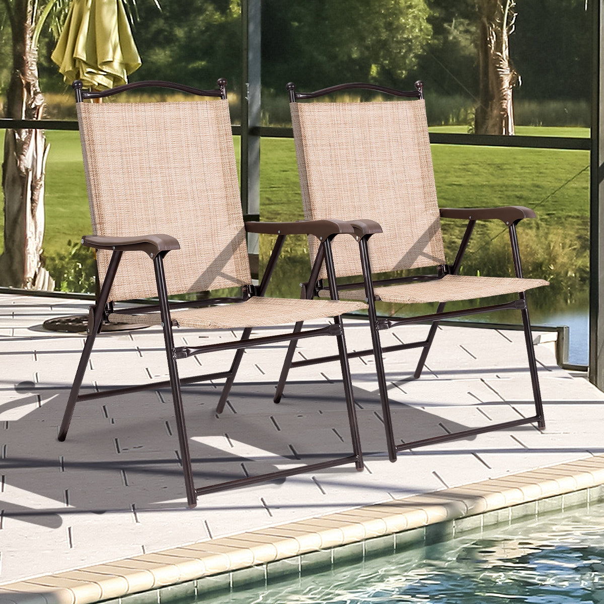 Set of 2 Patio Folding Sling Back Camping Deck Chairs-BeigeÂ