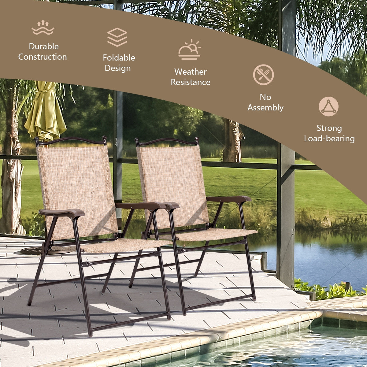 Set of 2 Patio Folding Sling Back Camping Deck Chairs-BeigeÂ